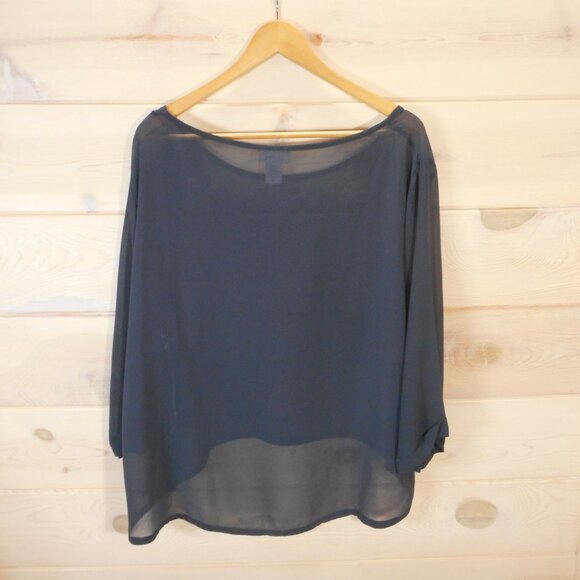 Soft Surroundings Womens L Sheer Blouse Minimalist Dark Blue-Gray 3/4 Sleeve - Picture 3 of 10